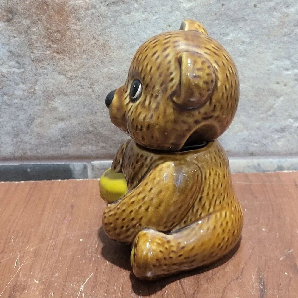 Vintage Ceramic Honey Bear Pot Jar Glossy Brown Glaze Finish